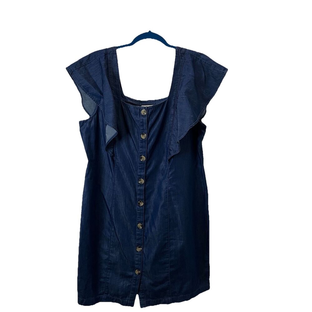 A New Approach Chambray Button Up Dress Ruffle Short Sleeve Womens Size L Blue